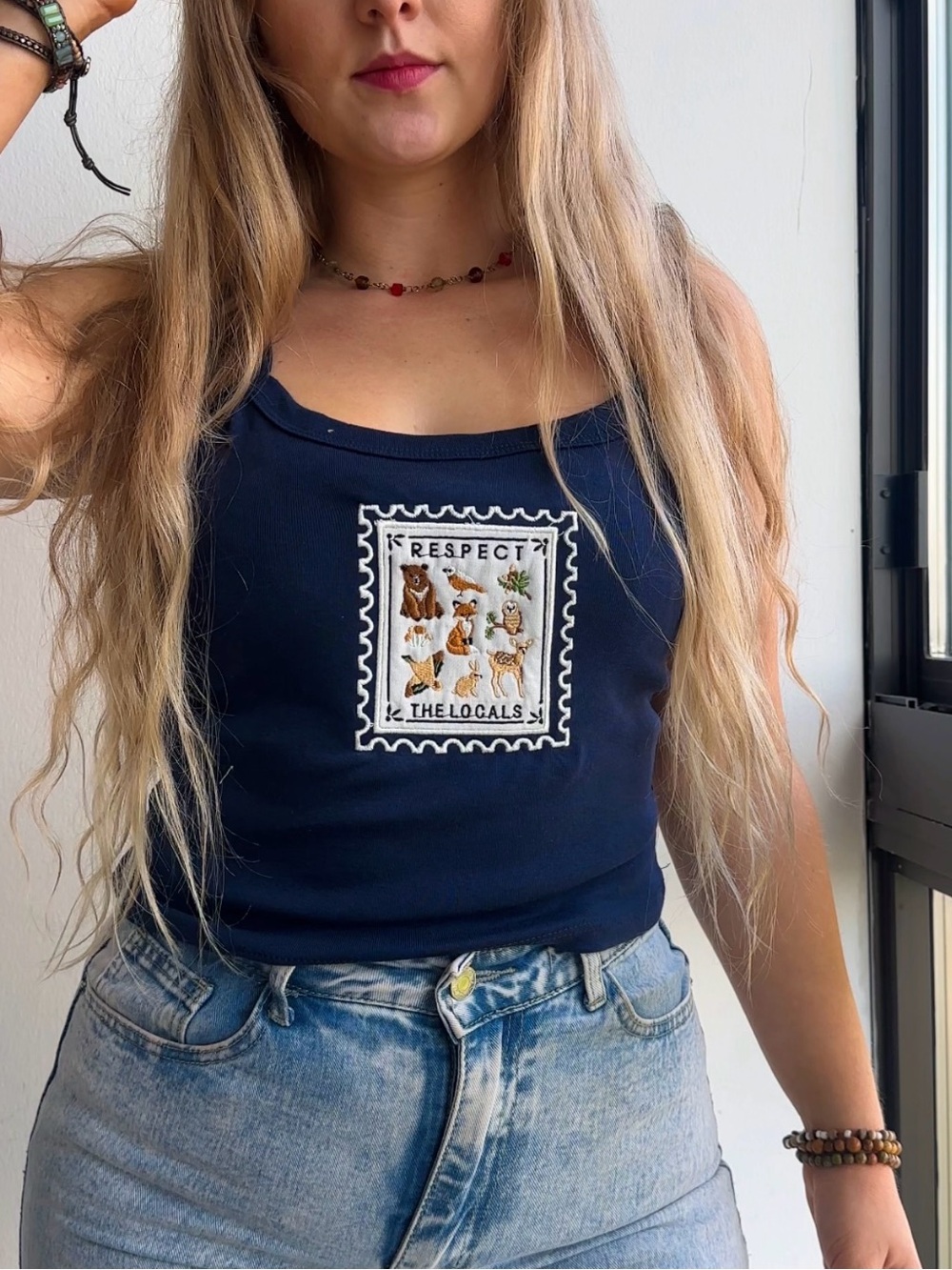 NWT Navy 'Respect The Locals' Embroidered Graphic Tank Top